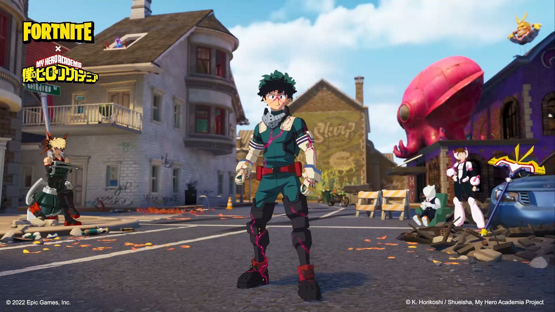 The Izuku Midoriya, Katsuki Bakugo, and Ochaco Uraraka (My Hero Academia) skins are now in Fortnite (Image via Epic Games)