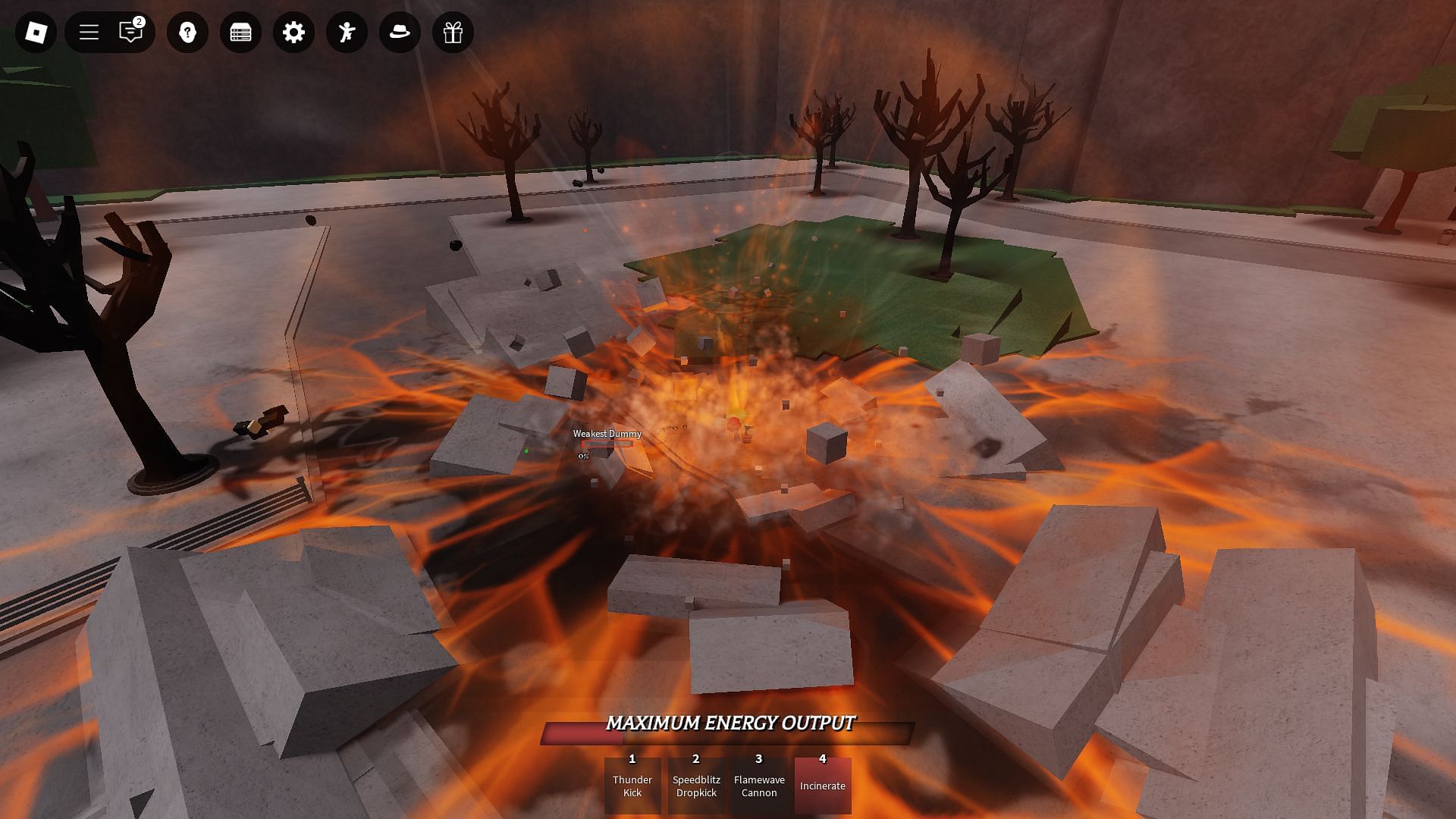 Using Incinerate in Maximum Energy Output mode (Image via Roblox)