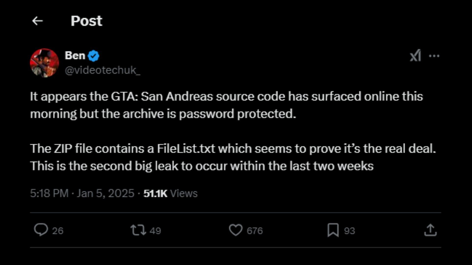 GTA San Andreas&#039; reportedly leaked source code seems to be password-protected (Image via X/@videotechuk_)