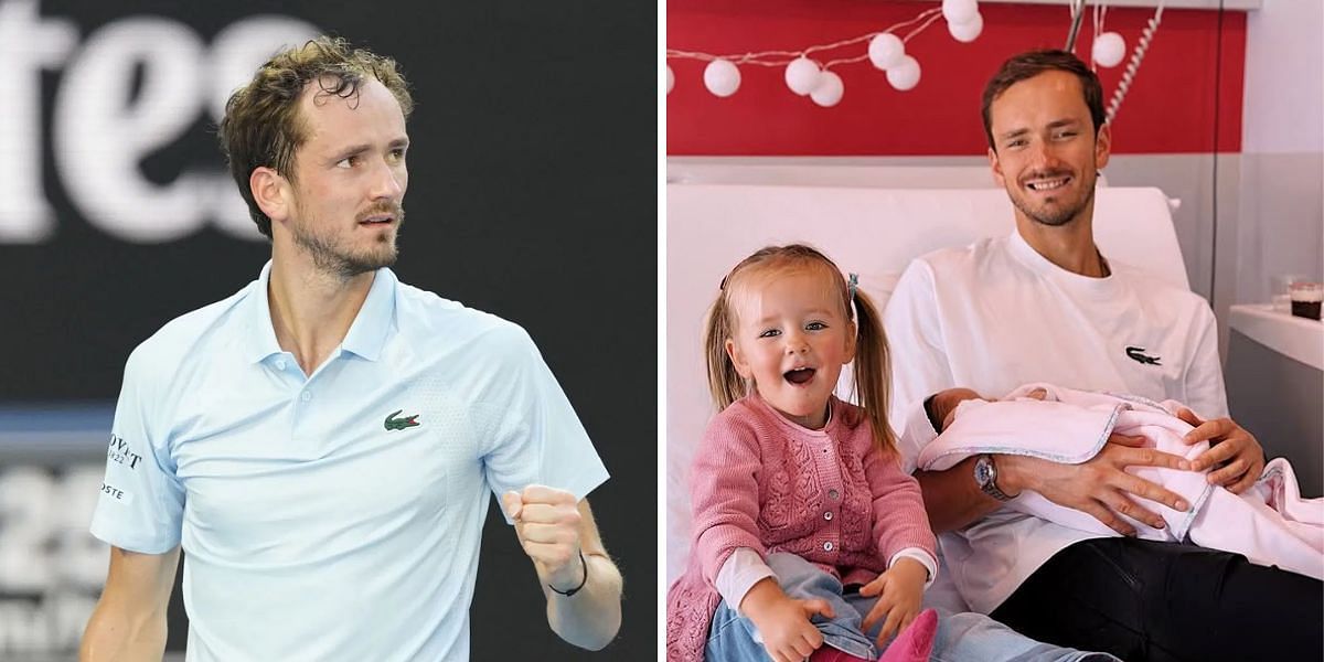 Daniil Medvedev (left, Source: Getty), Daniil Medvedev with his daughters (right, Source: Instagram/Daniil Medvedev)