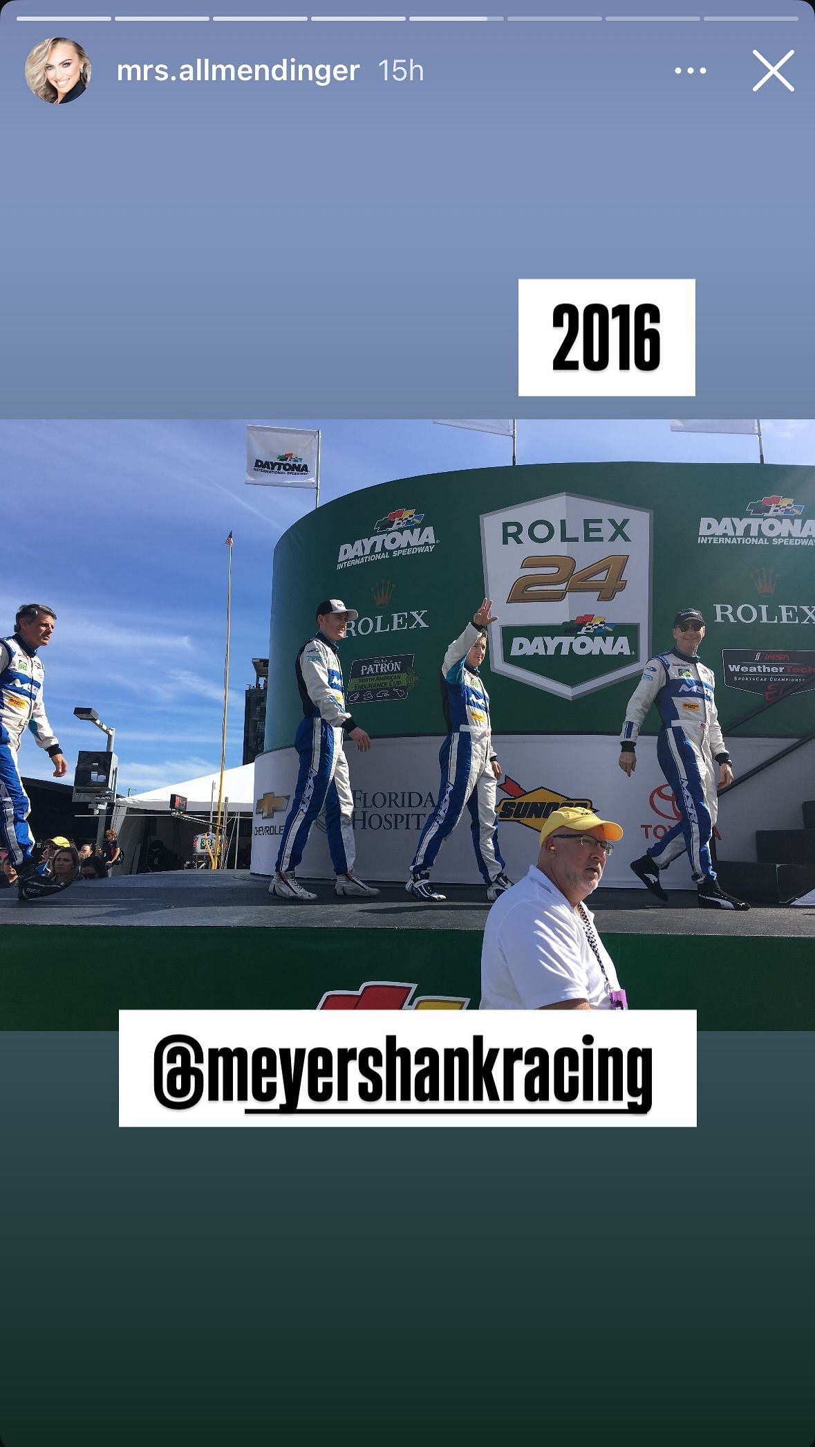 Tara Allmendinger&#039;s Instagram story featuring her husband&#039;s 2016 team at the Rolex 24 - Image via Instagram/@mrs.allmendinger