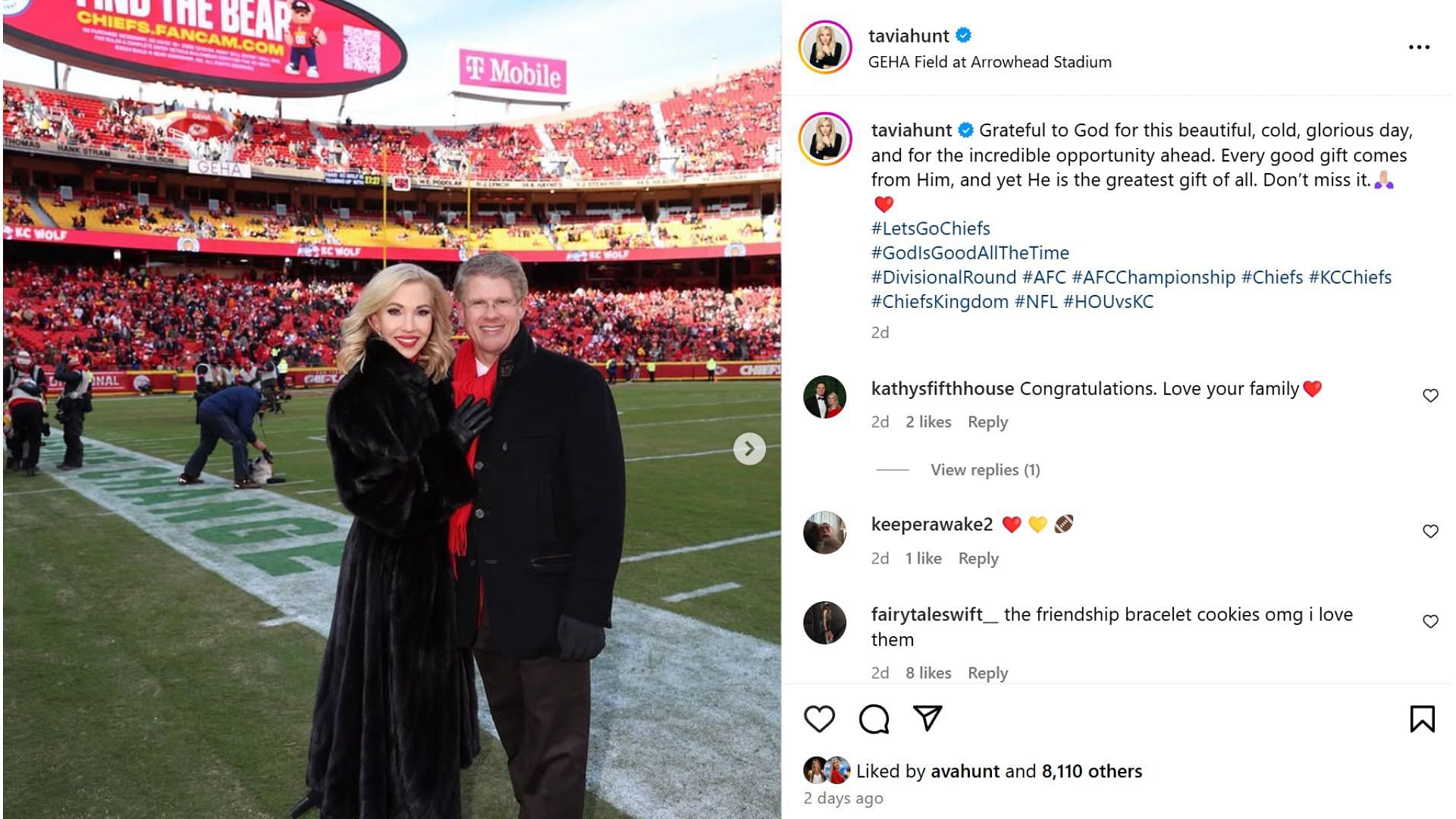 Chiefs CEO Clark Hunt&#039;s wife Tavia celebrates as team reaches AFC Championship game vs Bills [Image credit: @taviahunt]