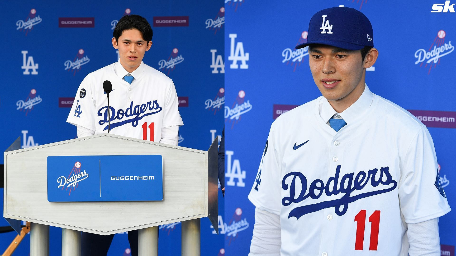 Newly acquired Los Angeles Dodgers pitcher Roki Sasaki poses for a picture after a press conference at Dodger Stadium (Source: Getty)