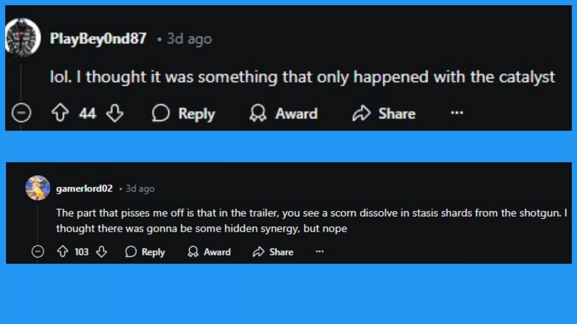 Comments from the Reddit post regarding Slayer&#039;s Fang (Image via Destiny 2/Reddit)