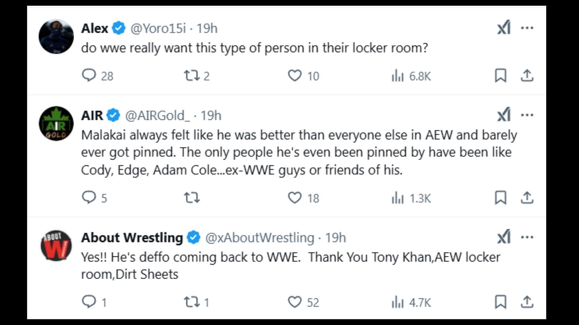 Fans respond to Malakai Black&#039;s reported attitude problem. (Image via: WrestleOps&#039; X handle)