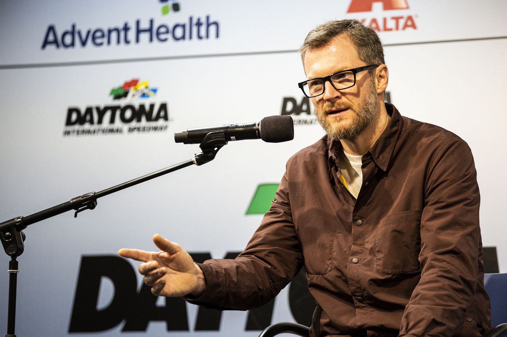 DAYTONA BEACH, FLORIDA - JANUARY 12: Dale Earnhardt Jr., driver of the #5 Hendrick Motorsports Chevrolet, speaks to the Media during the NASCAR Next Gen Test at Daytona International Speedway on January 12, 2022 in Daytona Beach, Florida. (Photo by James Gilbert/Getty Images) - Source: Getty