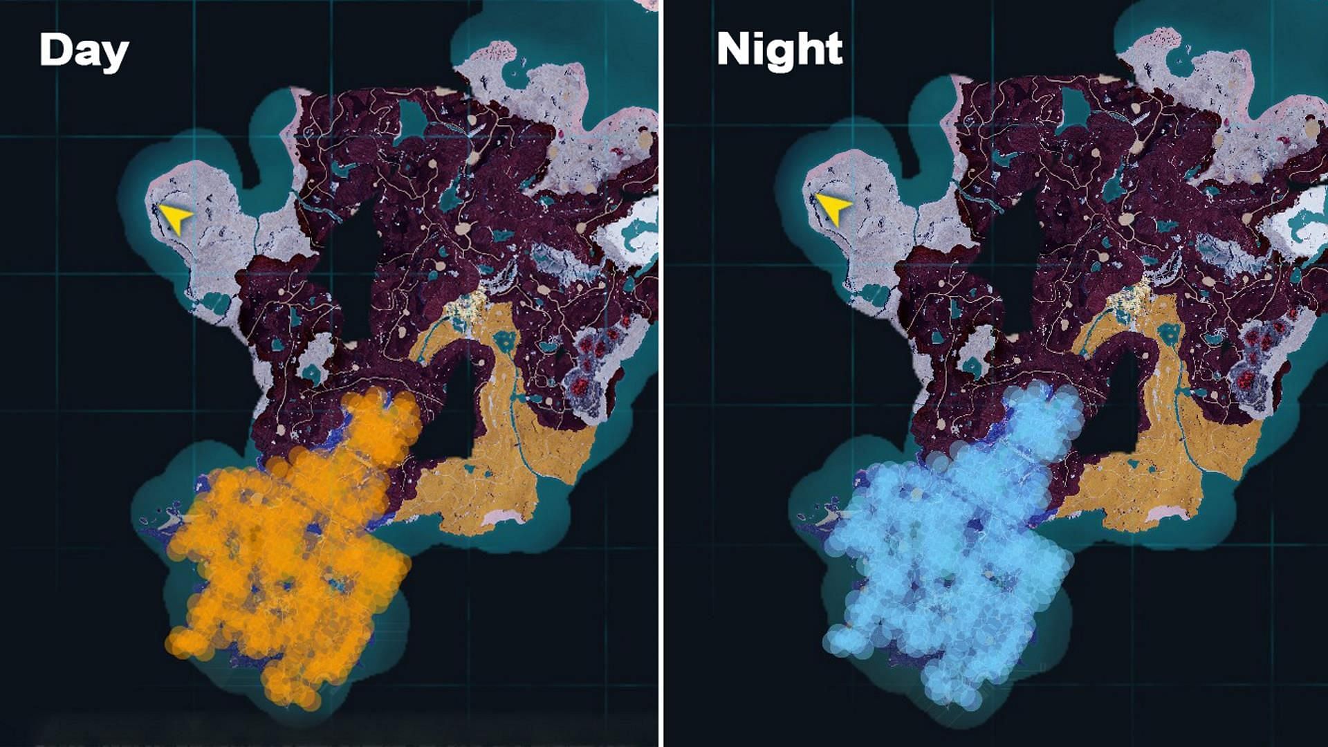 Nitemary&#039;s habitat locations during the day and night in Feybreak Island (Image via Pocketpair)