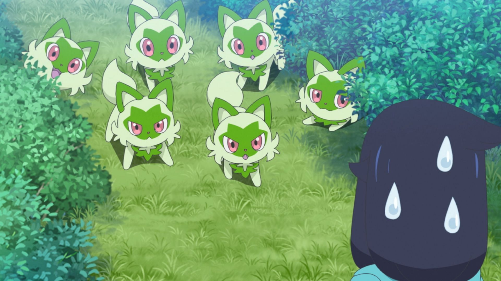 A clowder of Sprigatito in the anime (Image via The Pokemon Company)