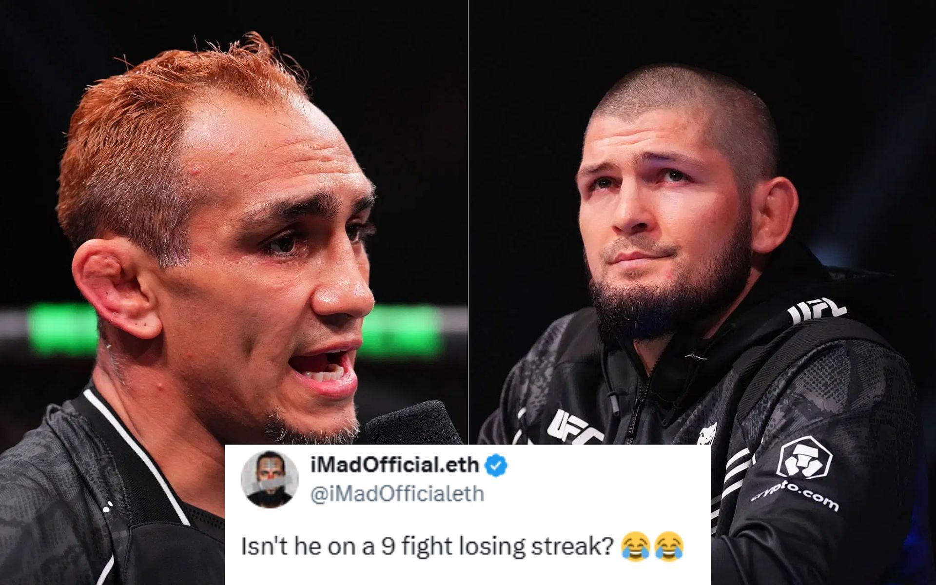 Tony Ferguson (left) reacts to Khabib Nurmagomedov