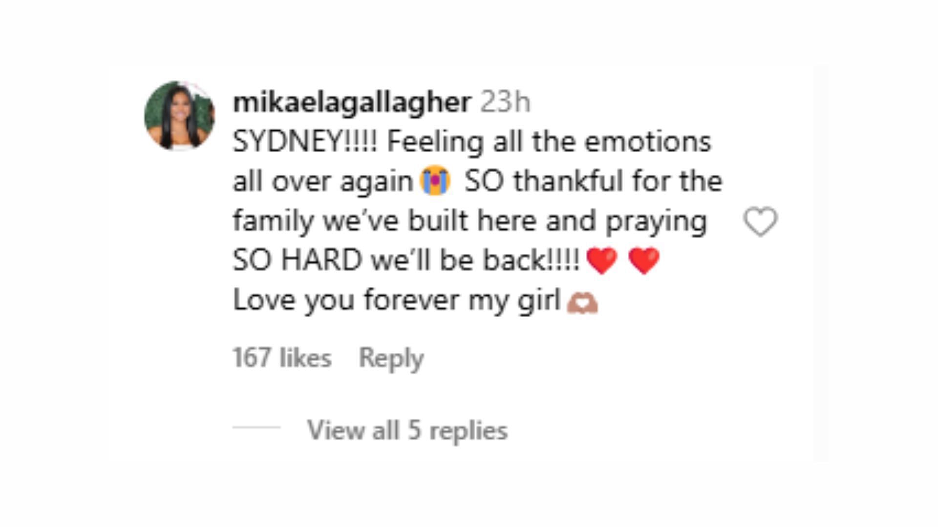 Mikaela Gallagher responded to Sydney Warner&#039;s post. (Via Sydney Warner&#039;s IG)