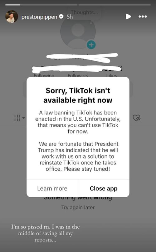 Preston Pippen vents out frustration over TikTok blackout in the US (Image: @prestonpippen IG)