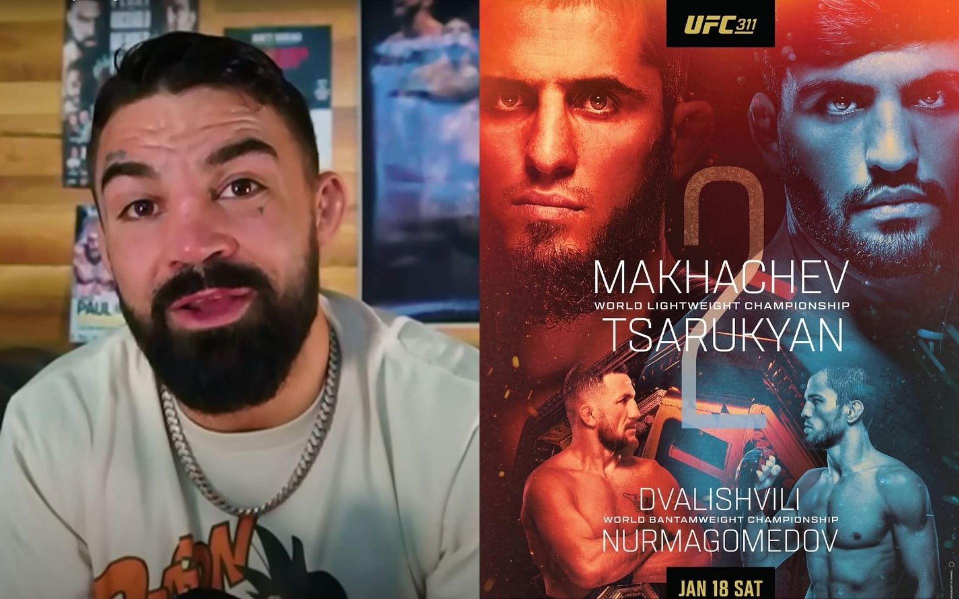 Mike Perry (left) predicts the main event of UFC 311 this weekend (right). [Image credit: Overdogs Podcast on YouTube, @arm_11 on Instagram]