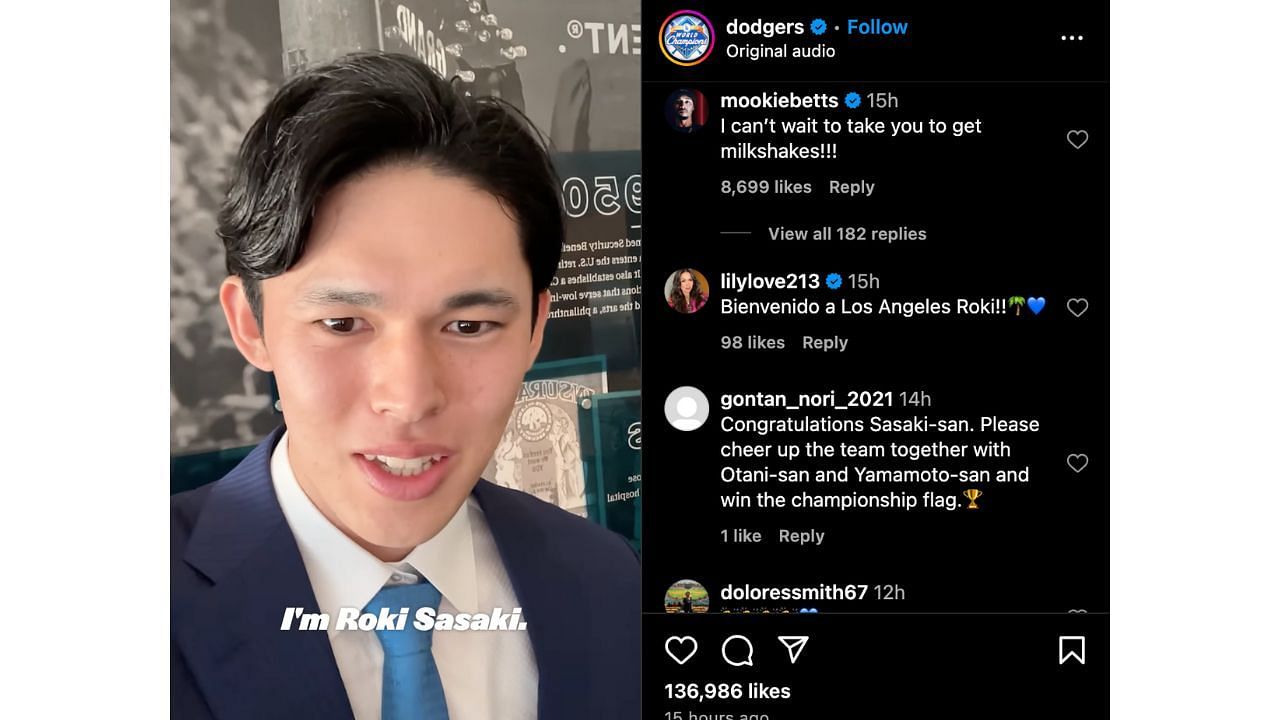 Mookie Betts commented on Roki Sasaki&#039;s welcome video (Instagram/dodgers)