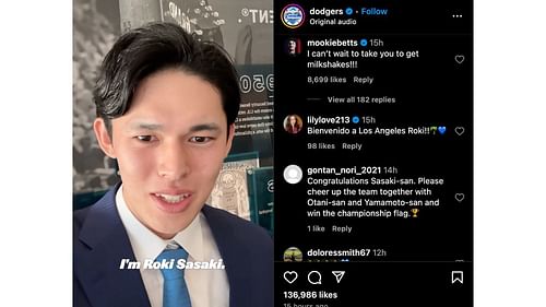Mookie Betts commented on Roki Sasaki's welcome video (Instagram/dodgers)