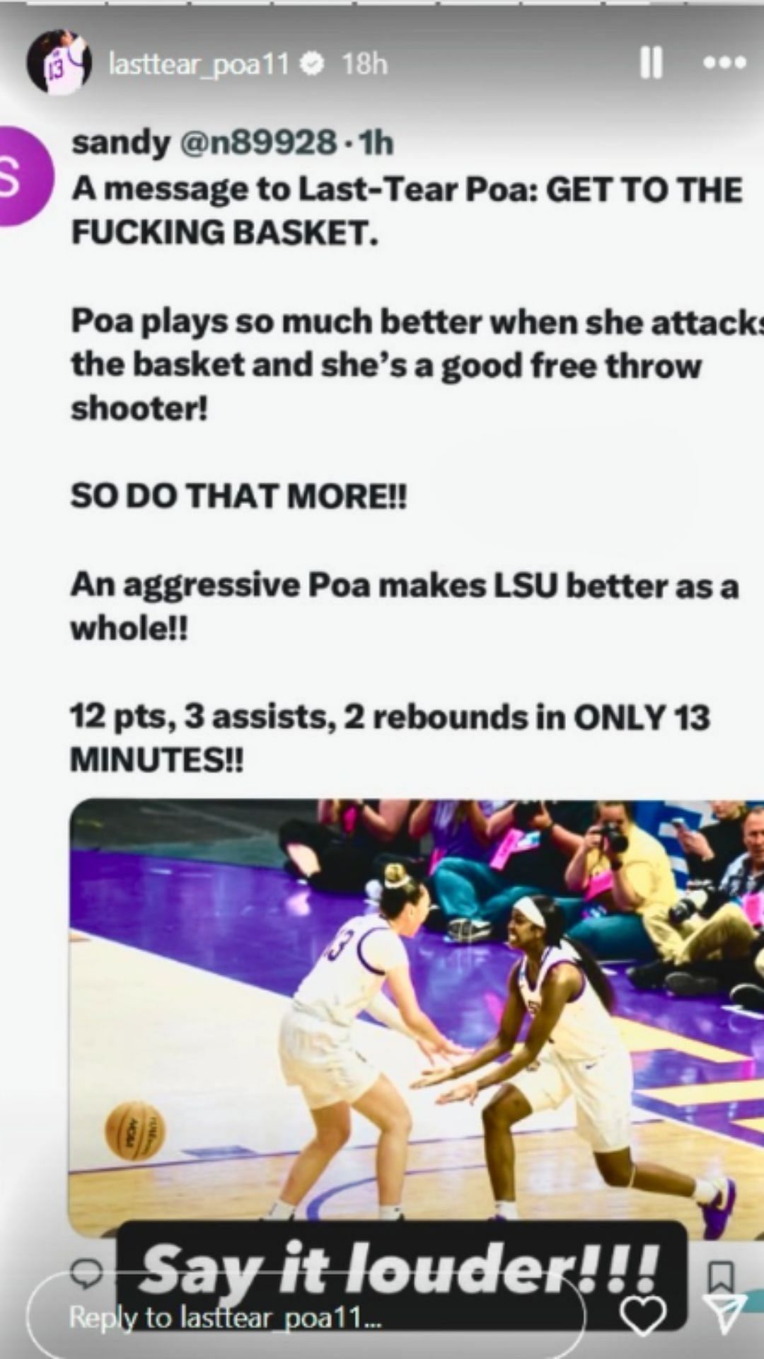 Last-Tear Poa registers 12 points in LSU's 131-44 dominant win vs NC Central. IG image via @lasttear_poa11