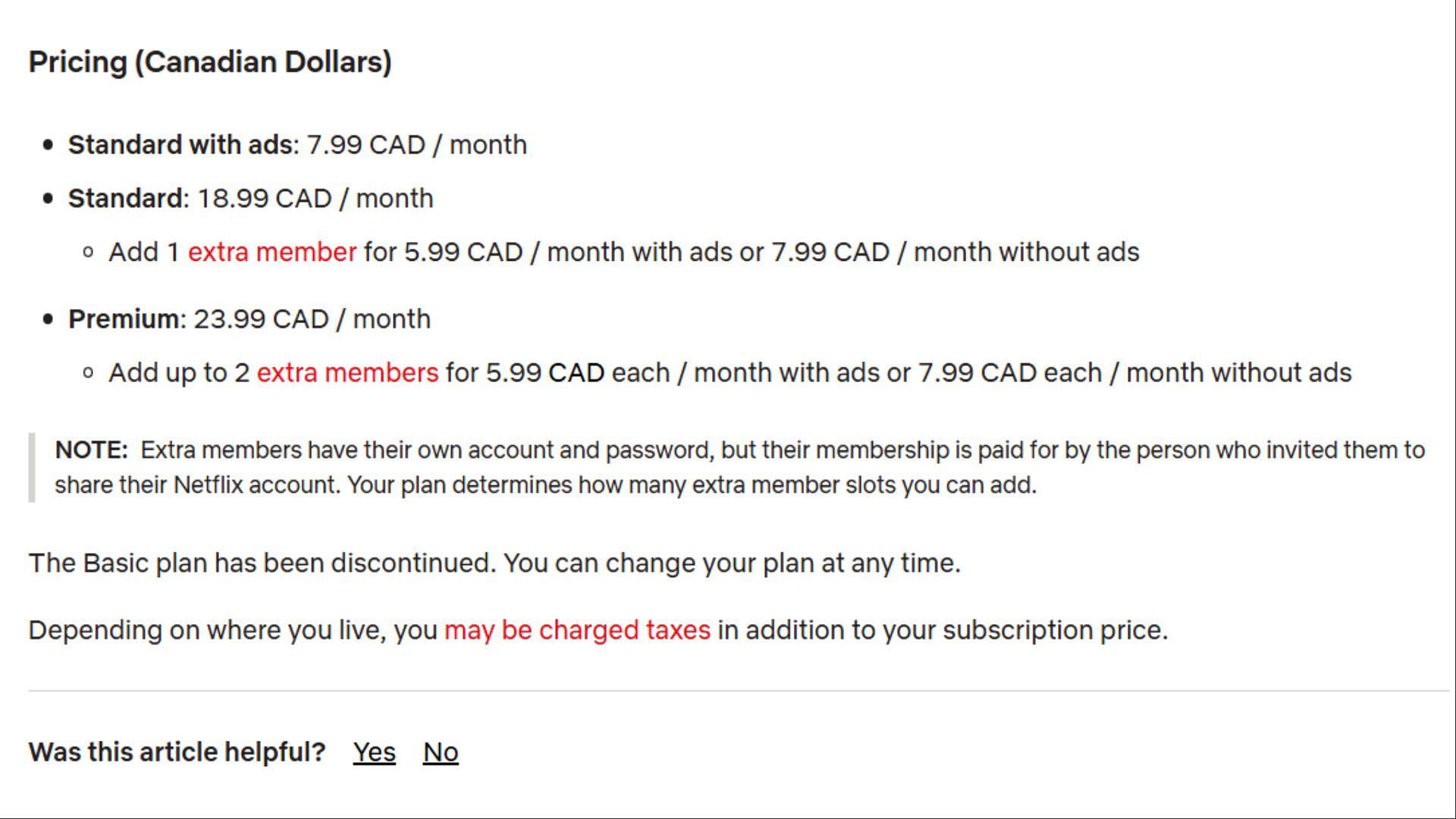 Pricing Plans for Canada (Image via help.netflix.com)