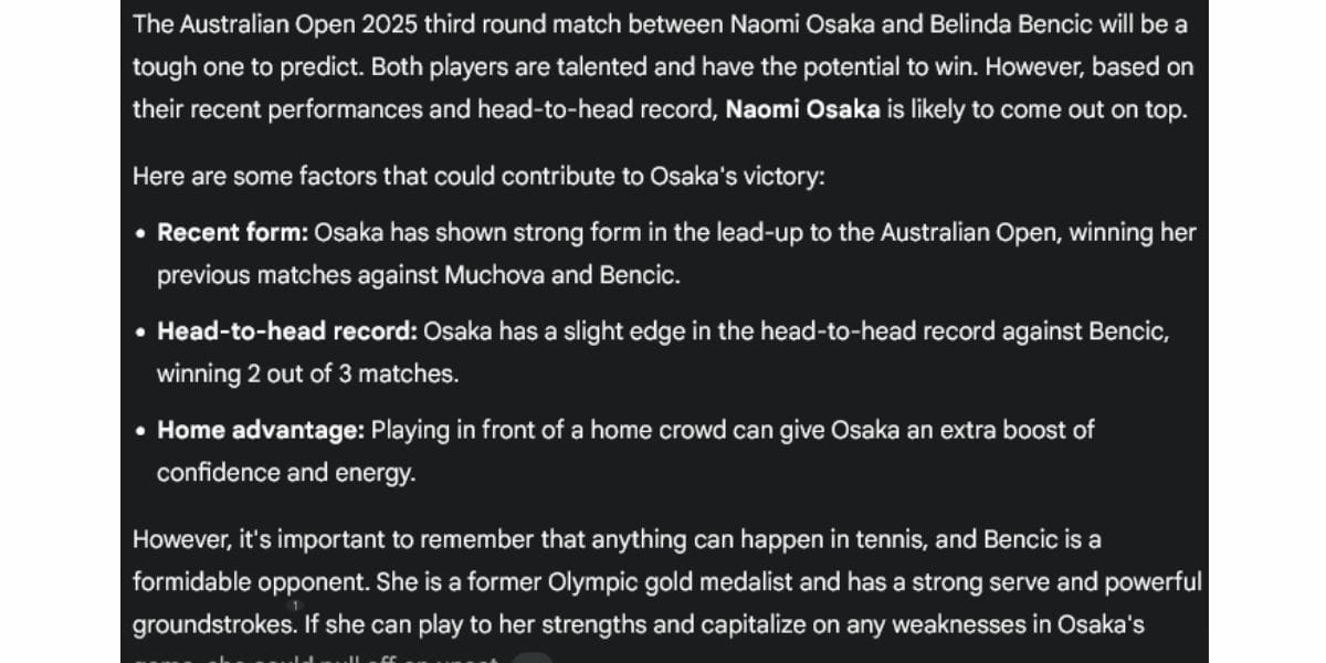 We asked AI to predict the winner of Naomi Osaka vs Belinda Bencic