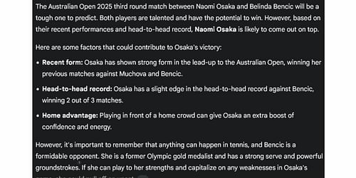 Gemini AI prediction for Naomi Osaka vs Belina Bencic Australian Open 2025 3R. (Source: Gemini AI)