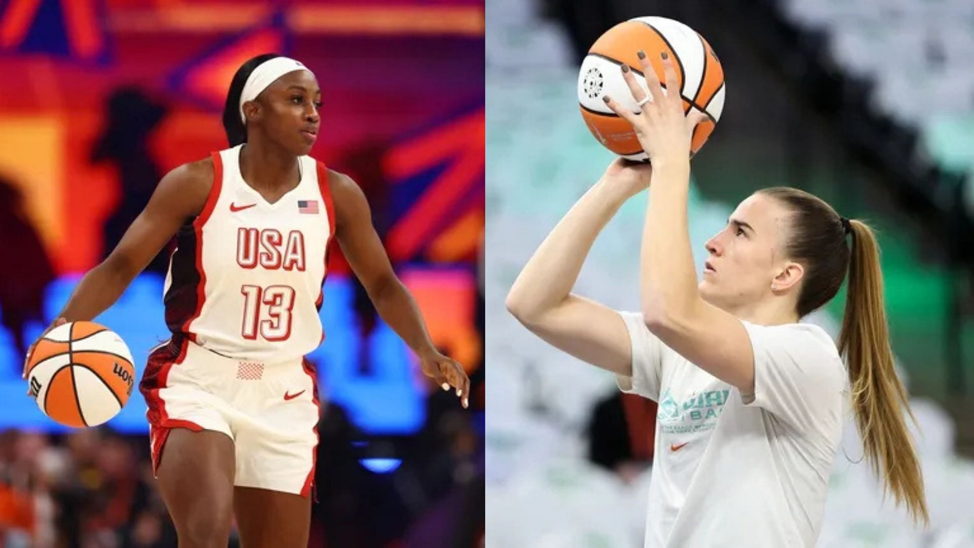 Jackie Young dribbles down the court, Sabrina Ionescu warms up during pregame. Photo Credits: Imagn