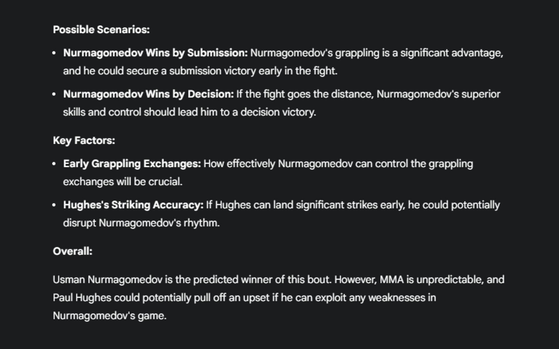 Screenshot of Google's AI prediction for the Usman Nurmagomedov vs. Paul Hughes PFL Champions Series Dubai fight