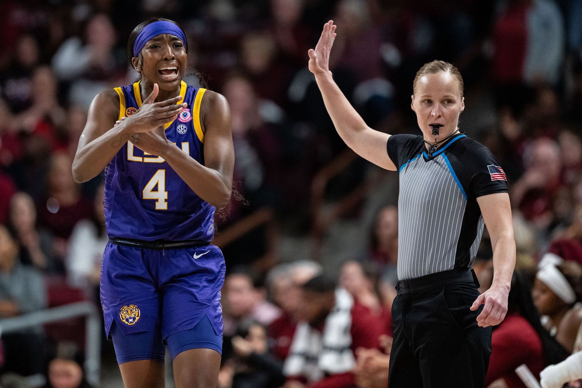 Flau&#039;Jae Johnson (#4) of the LSU Tigers reacts in the first half during their game against the South Carolina Gamecocks at Colonial Life Arena on January 24, 2025 in Columbia, South Carolina. Photo: Getty