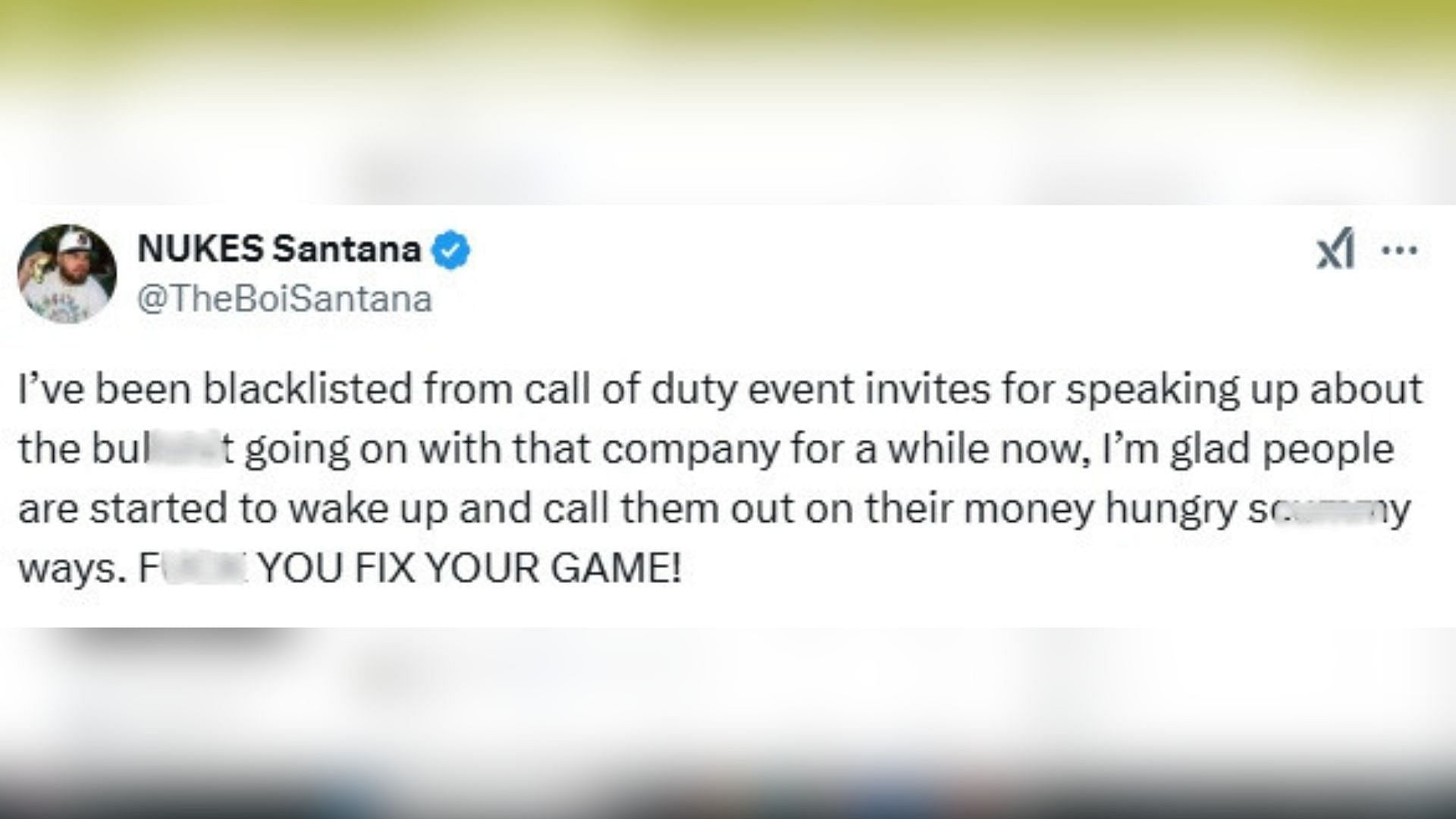 NUKES Santana discusses CoD event invite ban (Image via X/@TheBoiSantana)