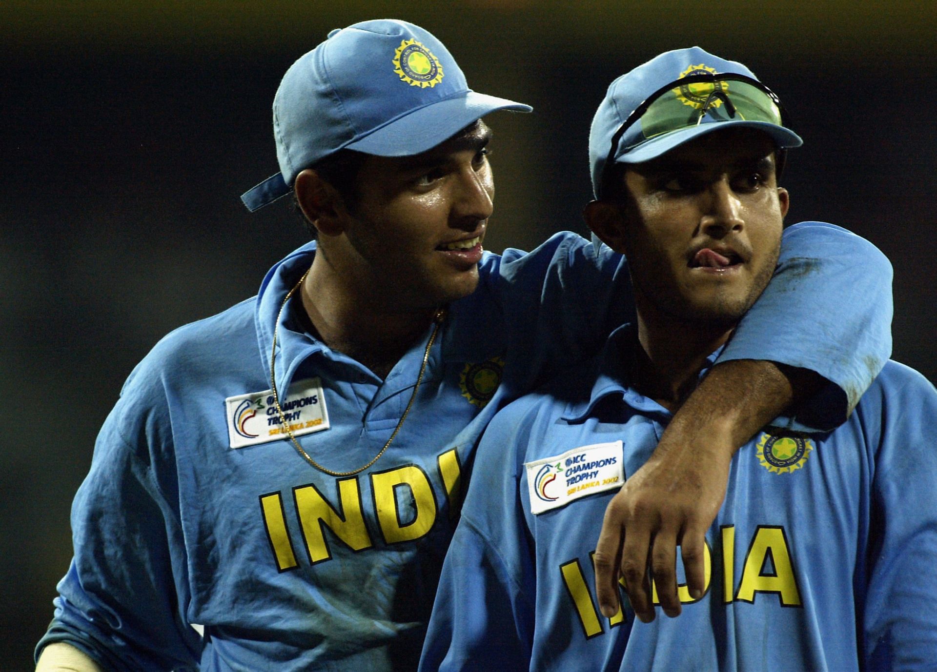 Yuvraj Singh and Sourav Ganguly of India celebrate victory