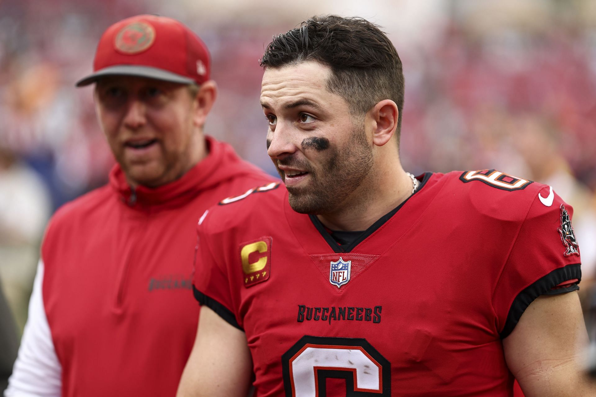 Baker Mayfield of the Tampa Bay Buccaneers walks off the field - Source: Getty