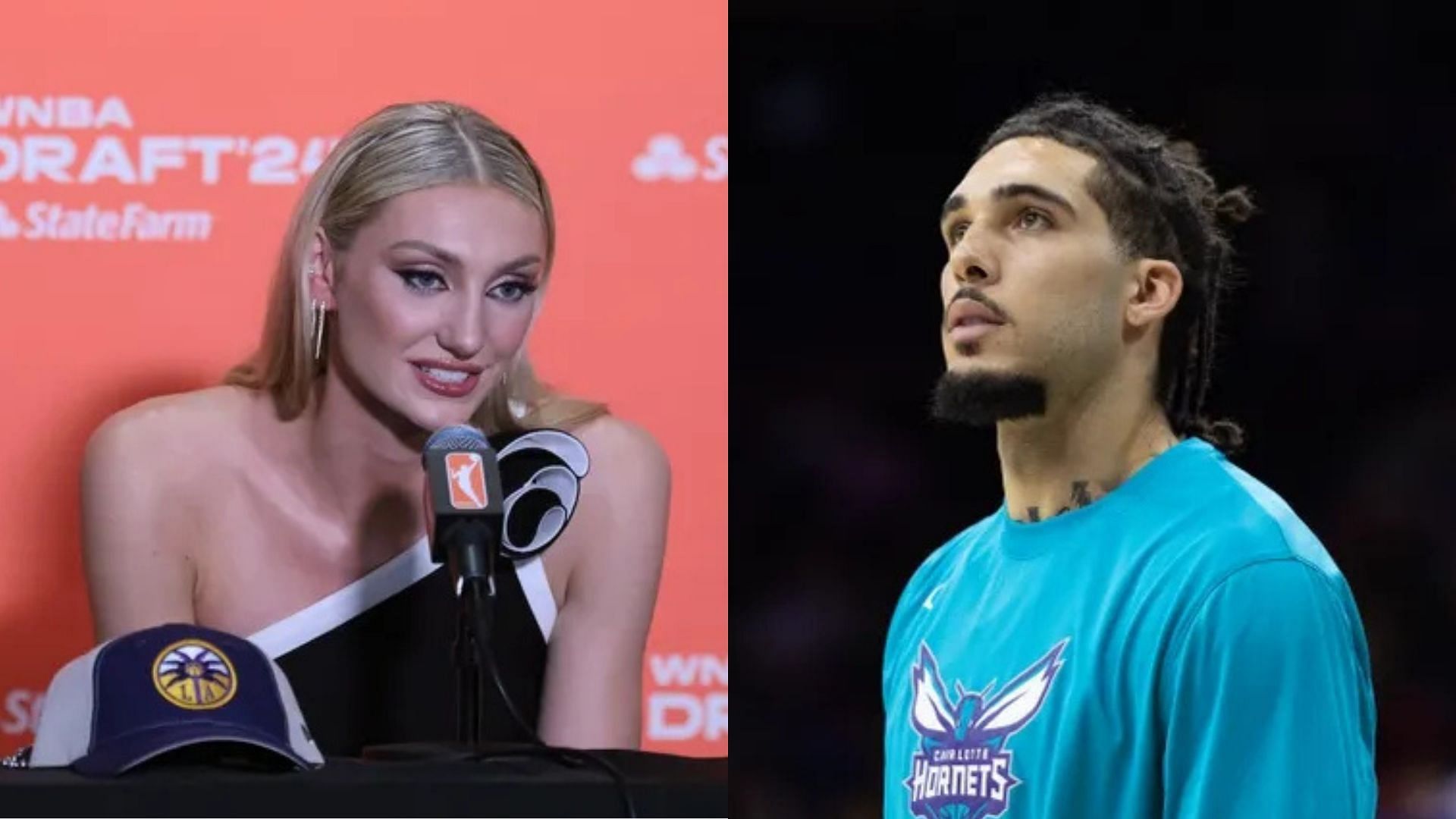 Los Angeles Sparks forward Cameron Brink speaks after being selected as the No. 2 pick in WNBA draft, LiAngelo Ball poses for a photo. Photo Credits: Imagn