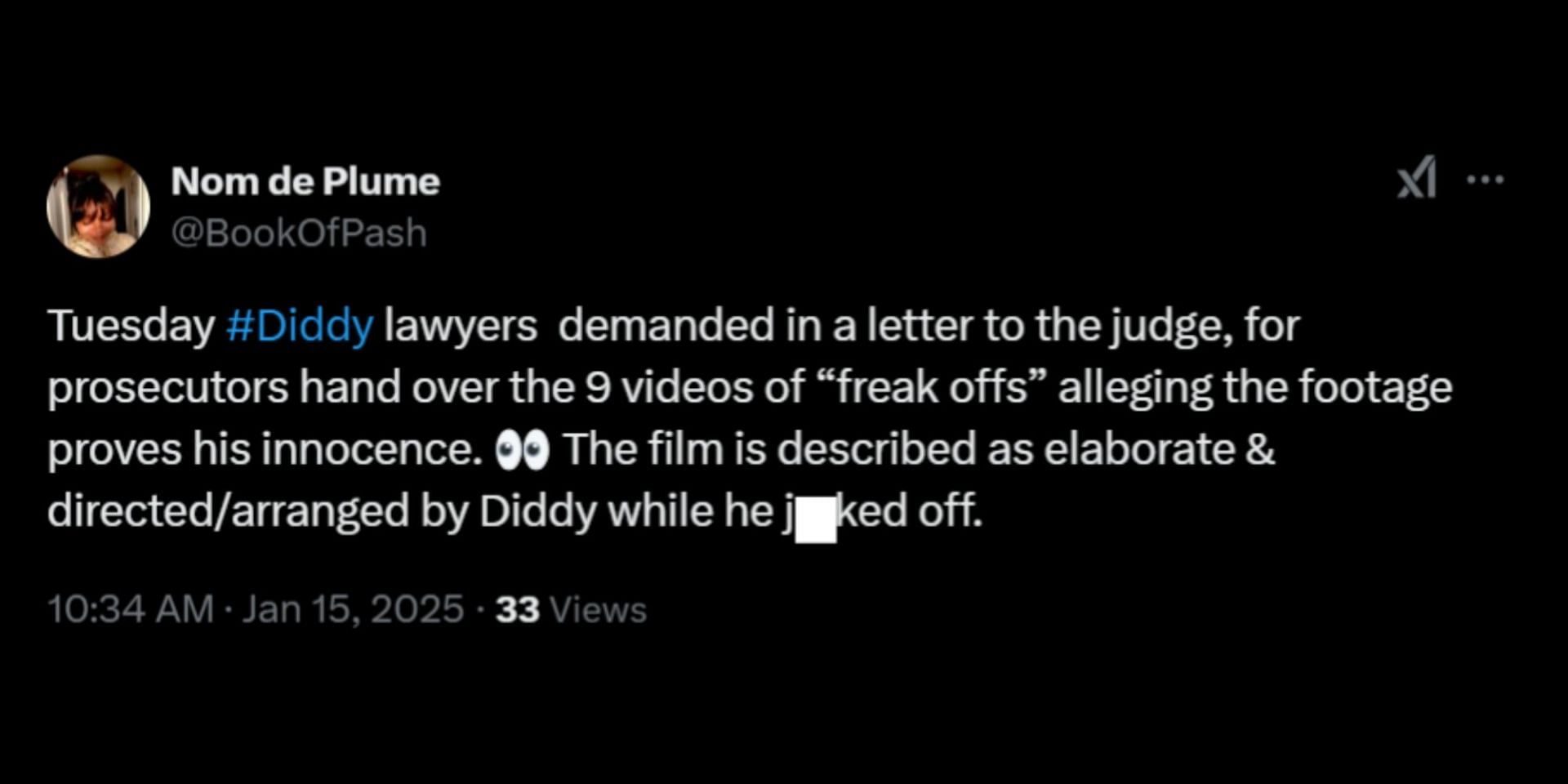 Combs&#039; lawyers argued the &quot;freak off&quot; videos prove his innocence. (Image via X/@BookOfPash)