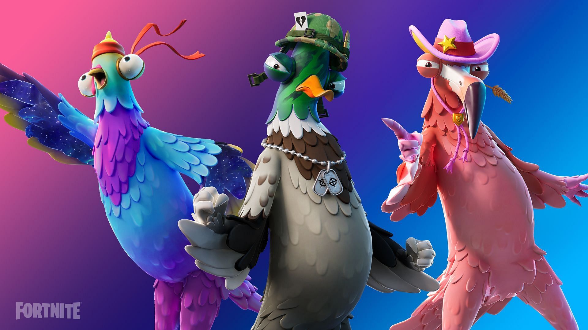 The Tex Flamingo, Sgt. Drake, and Budge (Birds of a Feather) skins are now in Fortnite (Image via Epic Games)