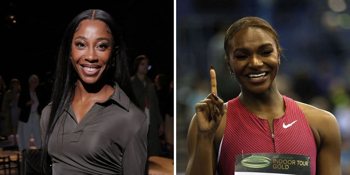 Shelly-Ann Fraser-Pryce surprises Dina Asher-Smith with special gift. PHOTO: Getty Images