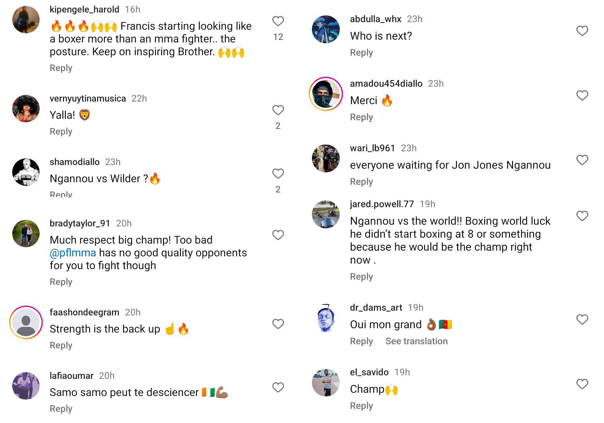 Fan reactions screenshot. [Screenshot courtesy: @francisngannou on Instagram]