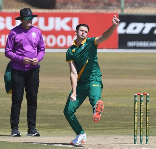 Eathan Bosch steaming in with the ball for South Africa A.