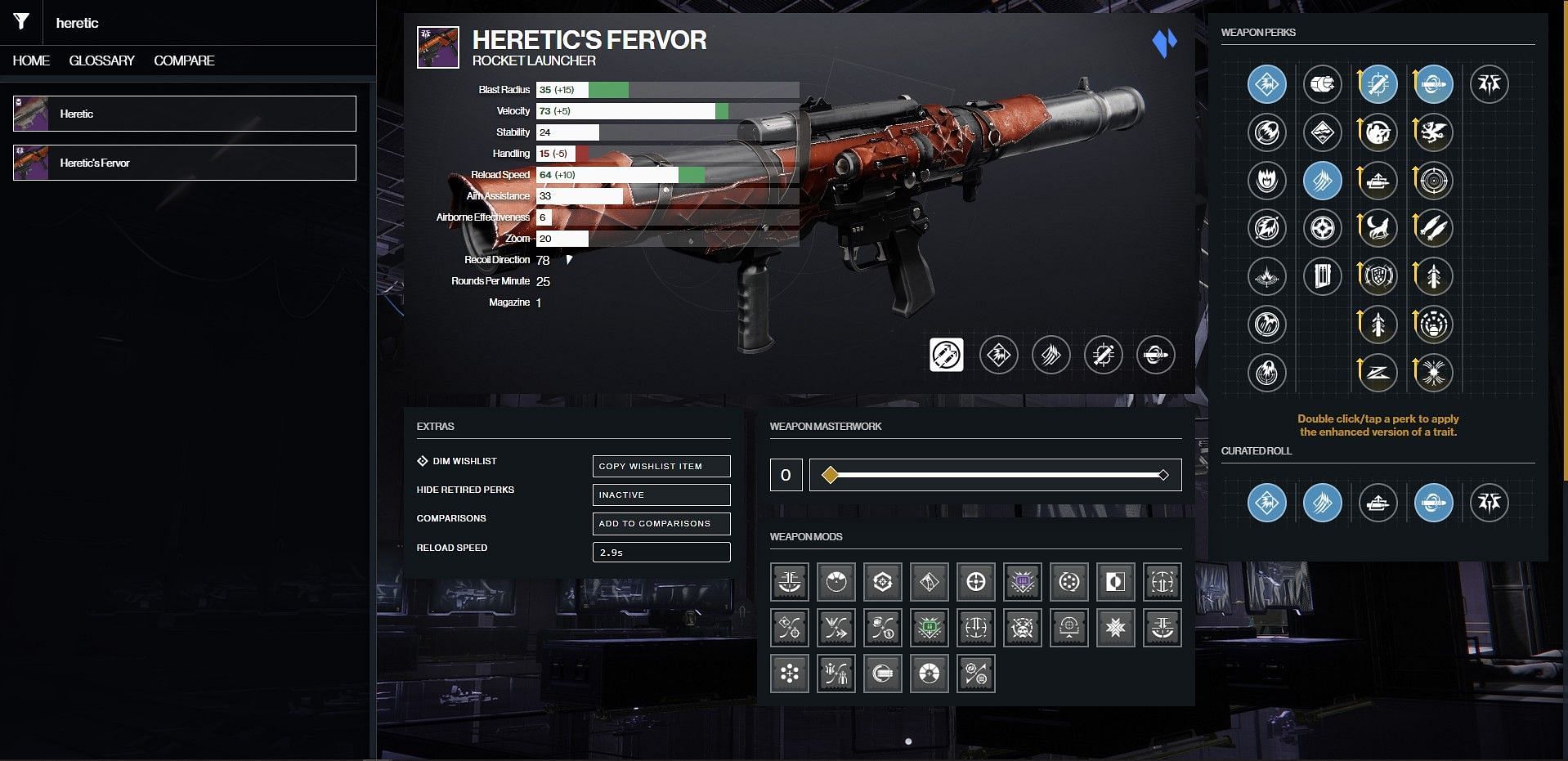 Heretic&#039;s Fervor PvP god roll (Image via Bungie/D2Gunsmith)