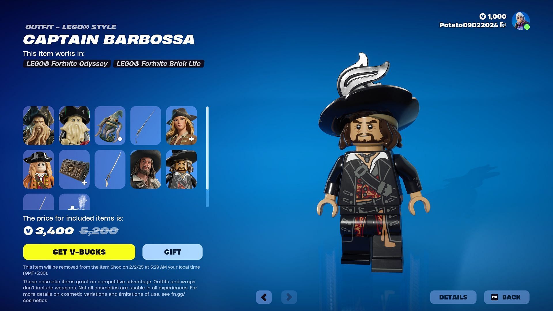 Davy Jones, Elizabeth Swann, and Captain Barbossa (Pirates of the Caribbean) skins in Fortnite will remain listed until February 2, 2025 (Image via Epic Games)