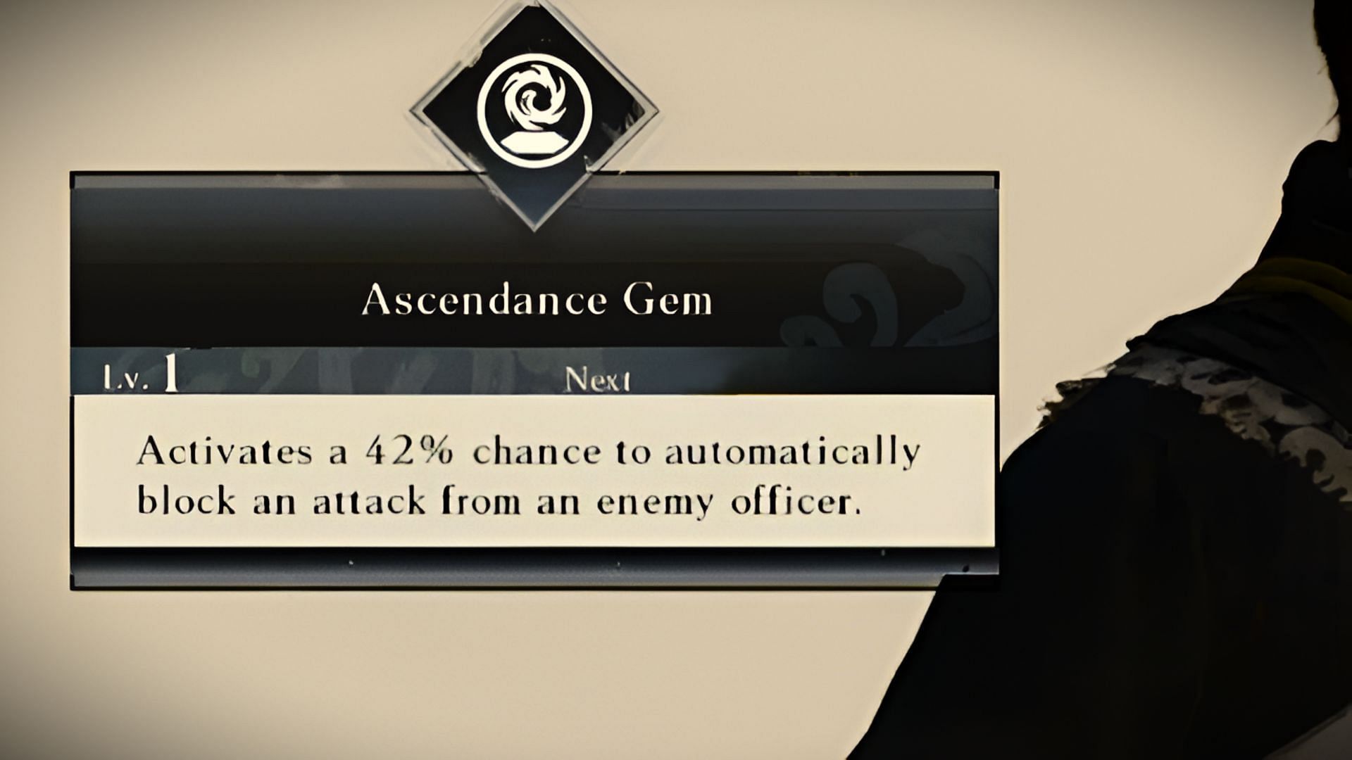 The Ascendance Gem in Best Gems grants a 30% chance to block attacks from enemy officers, with an additional 1% increase per level (Image via Koei Tecmo)