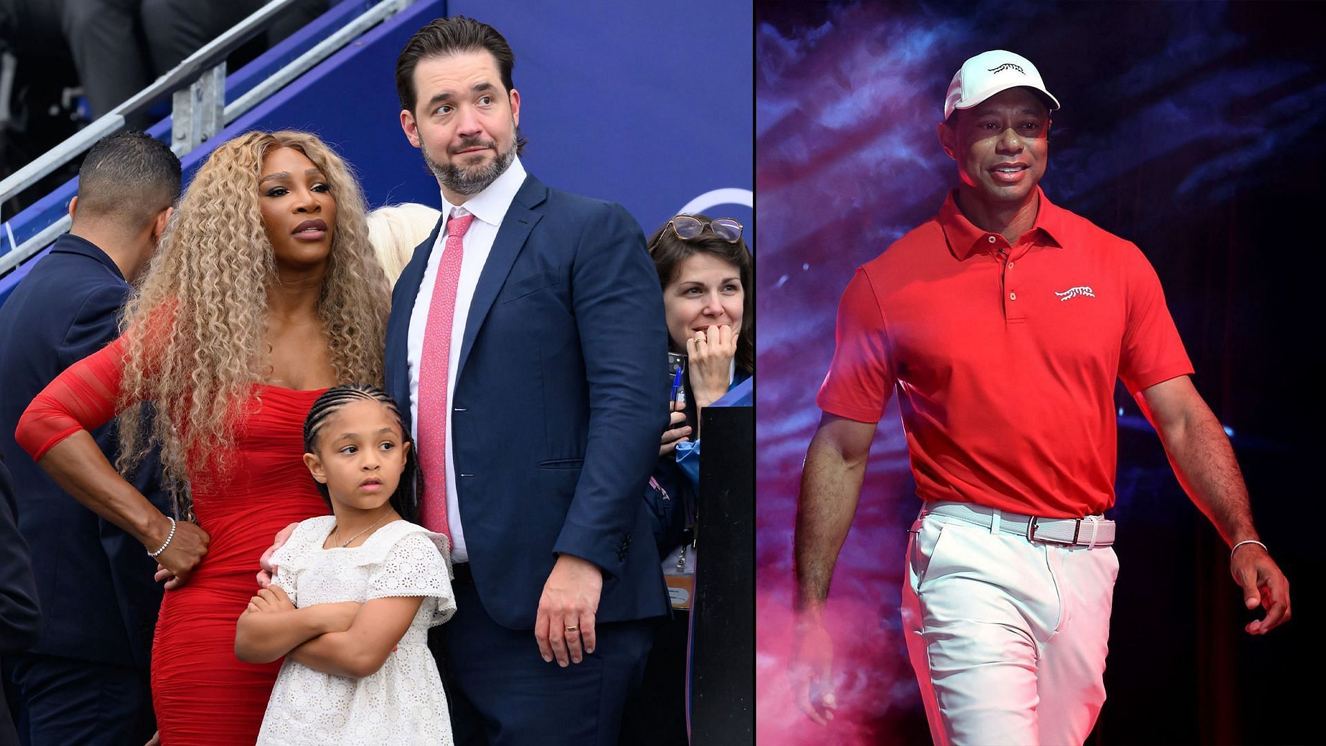 Serena Williams, Alexis Ohanian &amp; daughter Olympia (L) and Tiger Woods (R) (Image source: Getty)