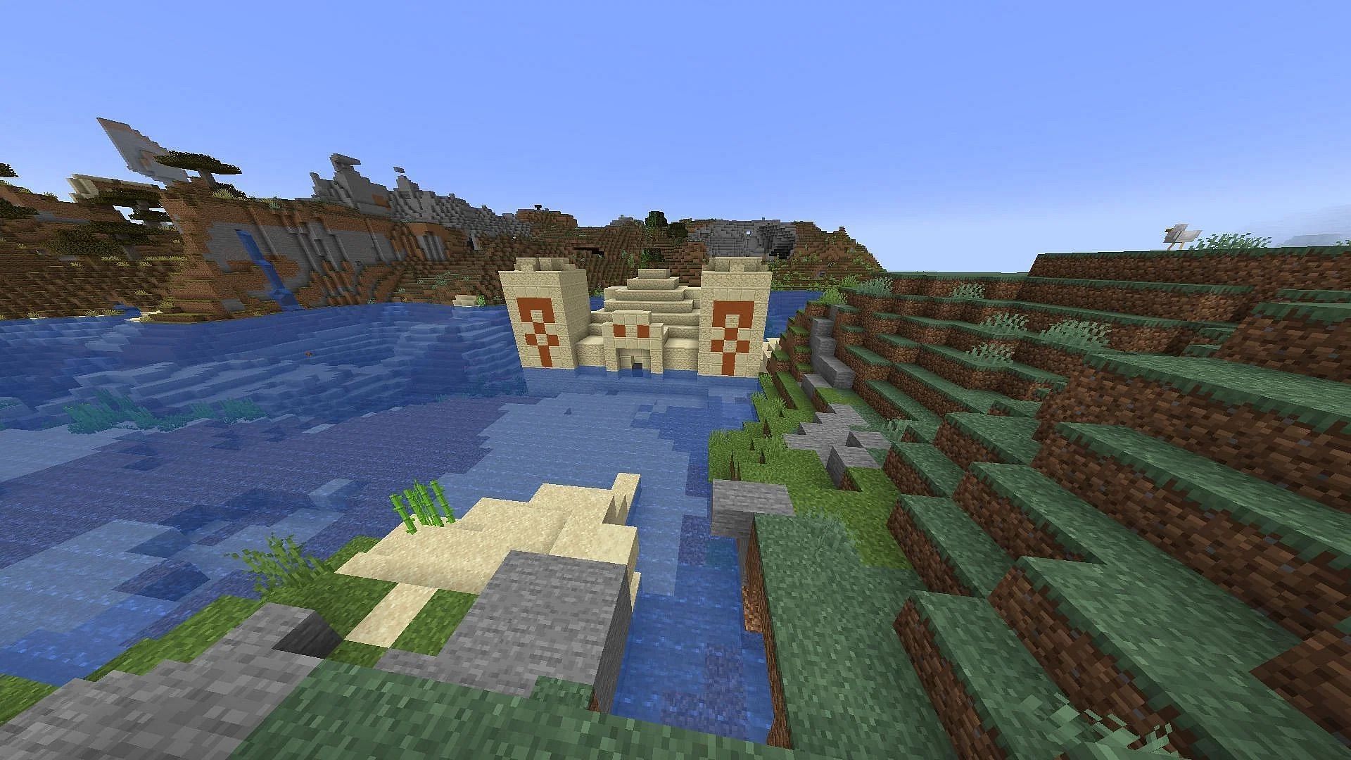 A desert temple in a lake in Minecraft (Image via Reddit/SpicyDeluxeMcCrispy/Mojang Studios)