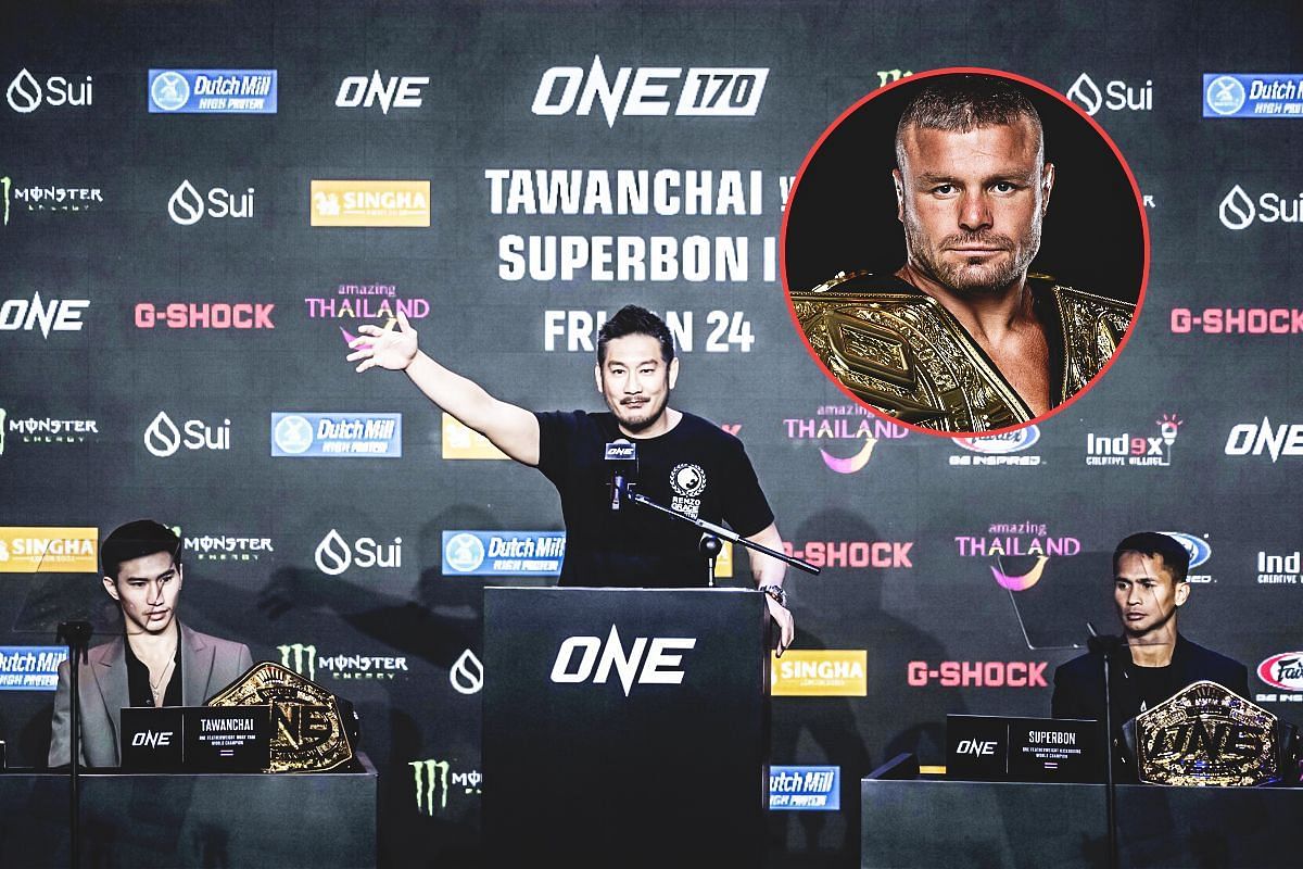 Tawanchai and Superbon during the ONE 170 pre-event press conference. (inset: Anatoly Malykhin) [Photos via: ONE Championship]