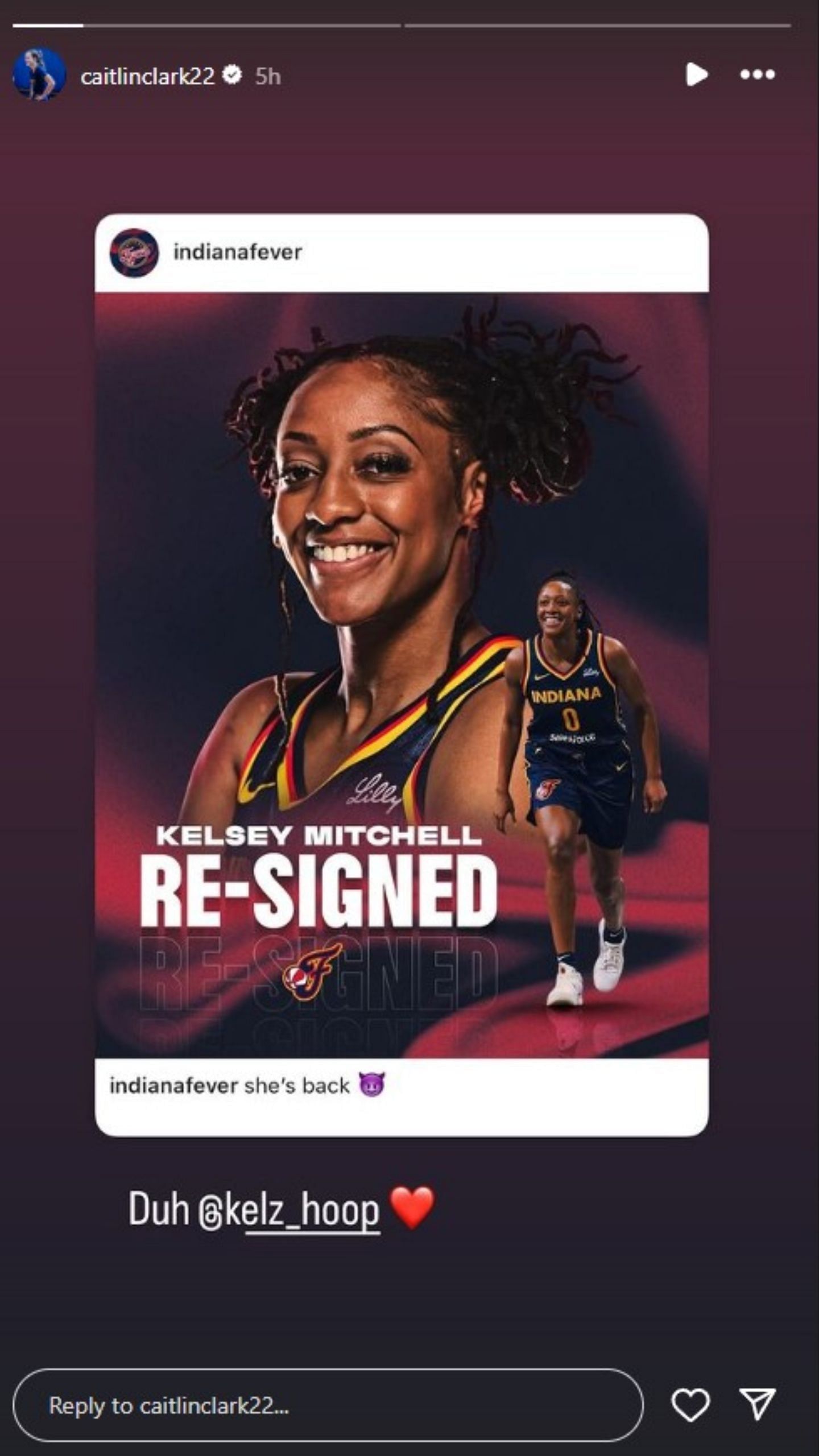 Caitlin Clark gets hyped to see Mitchell re-sign with the Fever.