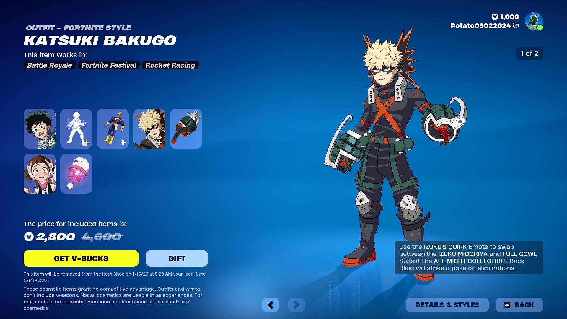 Izuku Midoriya, Katsuki Bakugo, and Ochaco Uraraka will remain listed until January 15, 2025 (Image via Epic Games)