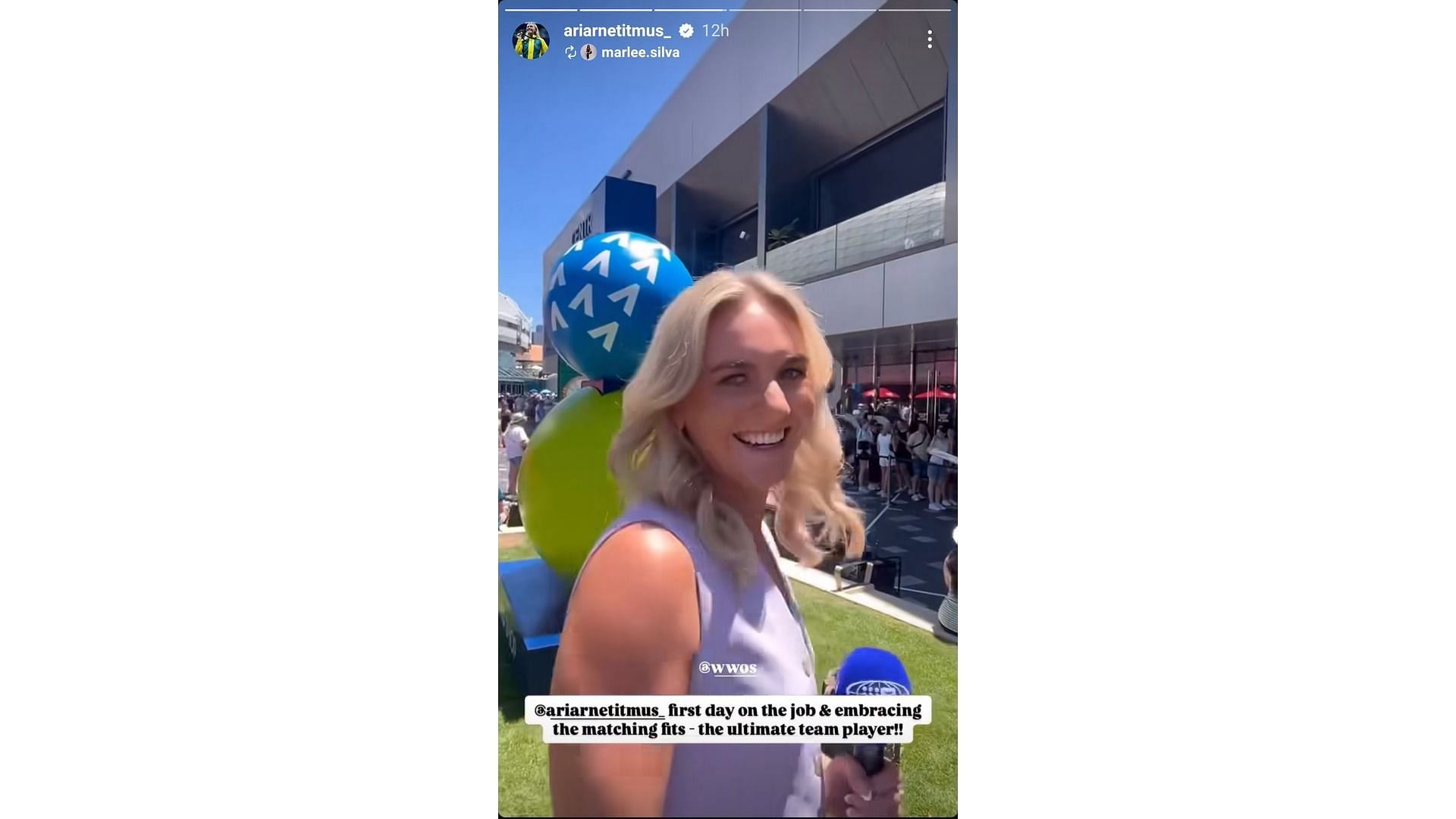 Titmus in lavender outfit during her commentary duties (image via: Titmus Instagram handle)