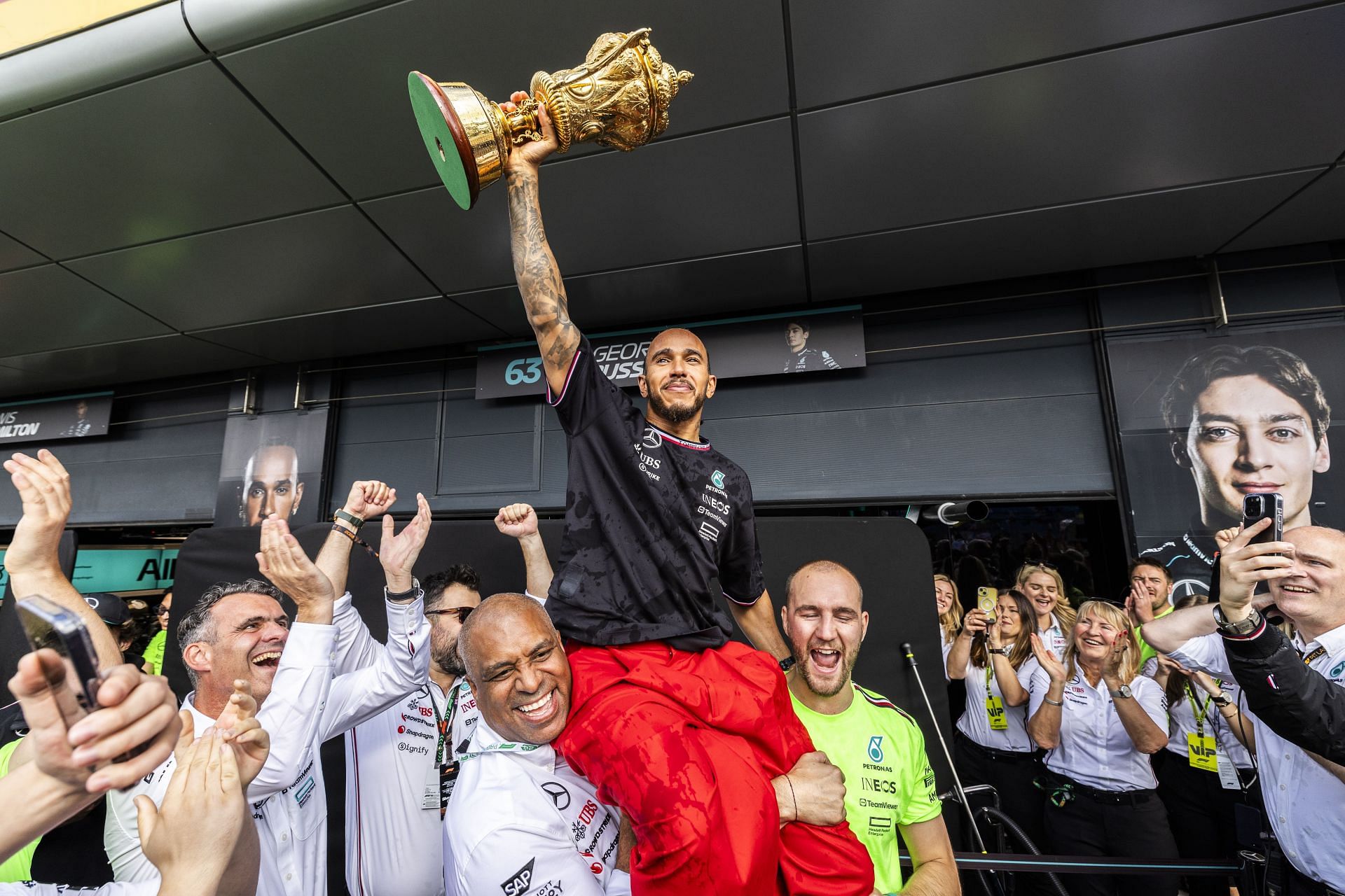 Lewis Hamilton after winning the race at the British Grand Prix in Silverstone, Great Britain, on July 7, 2024 - Source: Getty