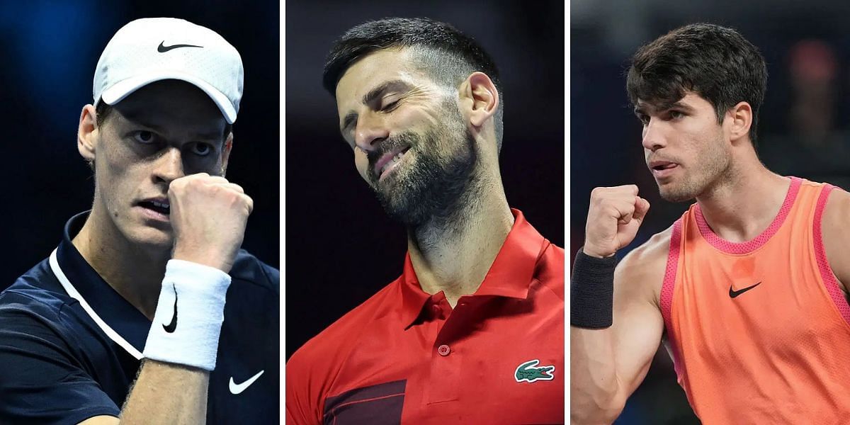 Jannik Sinner (L), Novak Djokovic (center), Carlos Alcaraz (R), Sources: Getty