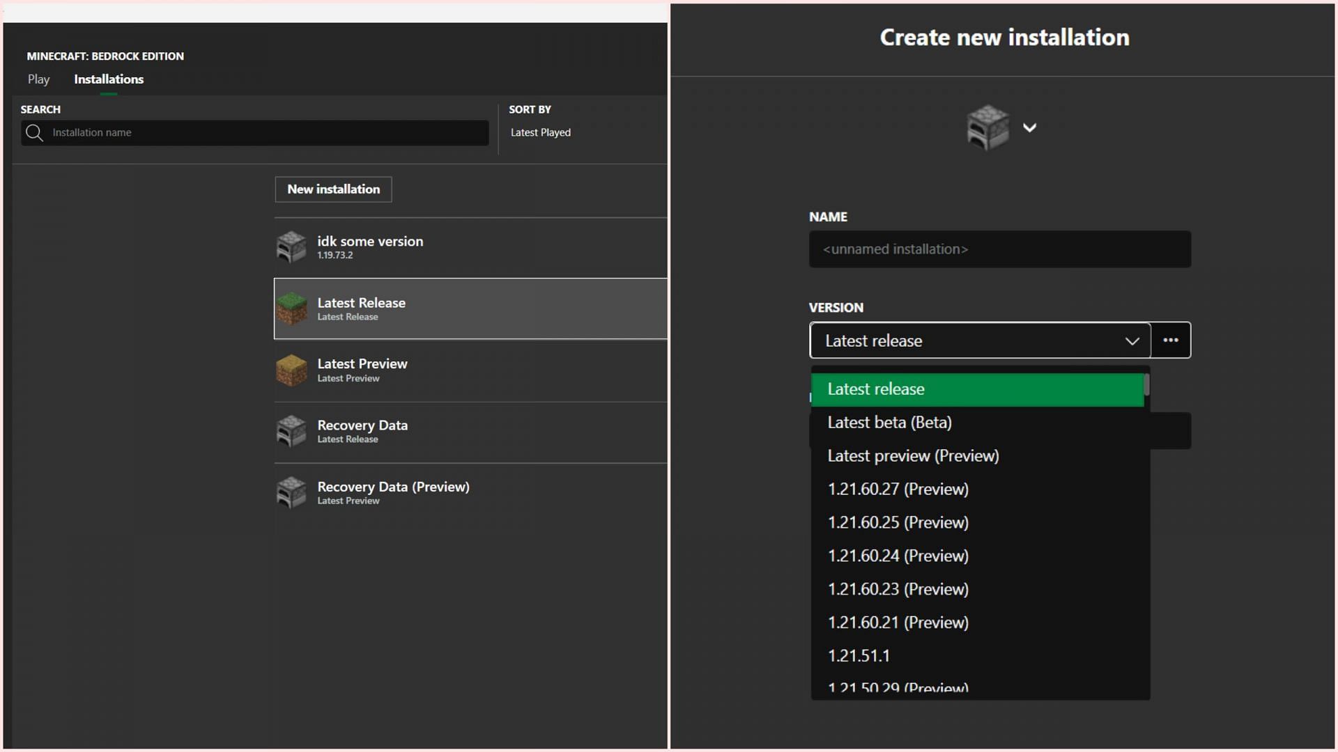 Create a new installation and select older Bedrock version under the Installations tab (Image via Bedrock Launcher)`