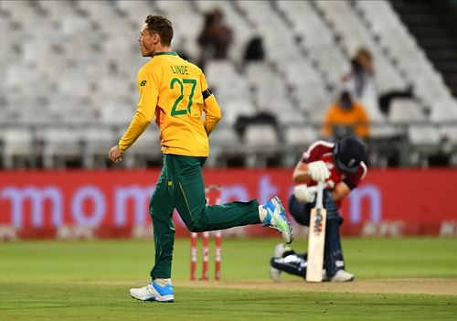 George Linde celebrating the wicket of Dawid Malan in a T20I vs England.