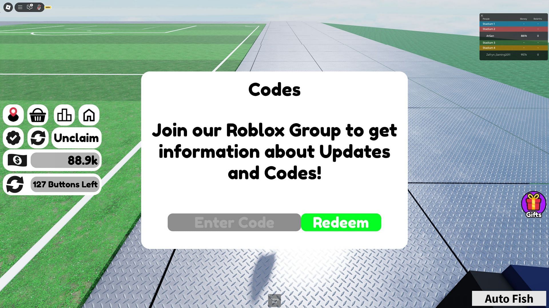 Redeem codes in Soccer Stadium Tycoon (Image via Roblox)