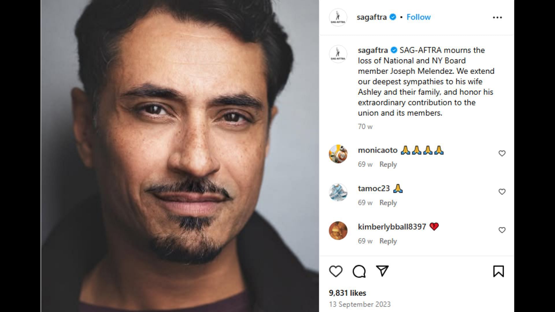 SAG-AFTRA&#039;s Instagram post from September 2023 about Joseph Melendez&#039;s passing (Image via Instagram/@sagaftra)