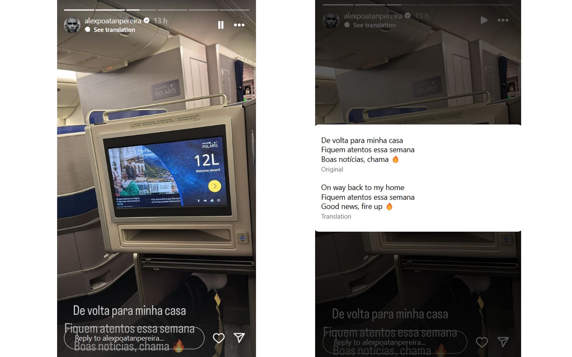 Alex Pereiras&#039;s Instagram story (left) and the translated caption (right). [Images courtesy: @alexpoatanpereira on Instagram]